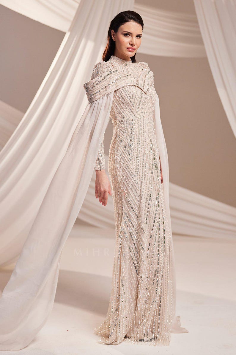 Muslim Evening Dress Luxury Modest Dress Beaded Sequin Dress Chiffon Cape Maxi Dress Elegant Hijab Dress Formal Gown image 18