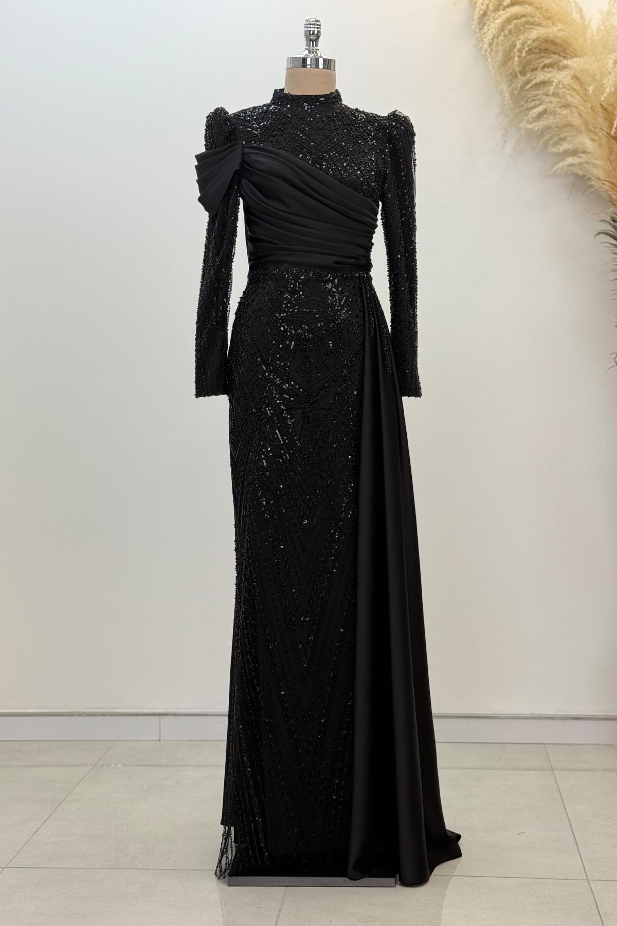 long sleeve off the shoulder dress prom Black Long Off the Shoulder Mermaid Satin Prom Dress with Sleeves