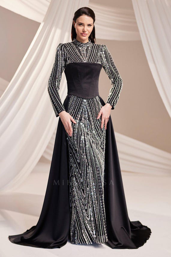 structured evening dress Waist with Sequin Embroidered Panel and Long Sleeve Design Satin Color:White/Royal short dresses/jumpsuits Champagne Dress for Wedding length skirt is made