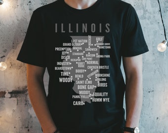 T-shirt de l’État de l’Illinois, T-shirt de carte, Tee excentrique, Noms de villes drôles, T-shirt drôle, Tee excentrique, Conception de carte, Idée cadeau pour lui Elle, États américains,