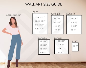May include: Wall art size guide with dimensions in inches, including AI-A4, Ratio 2:3, Ratio 4:5, Ratio 3:4, and Ratio 1:1. A person is shown next to the guide, with a height of 5'4".
