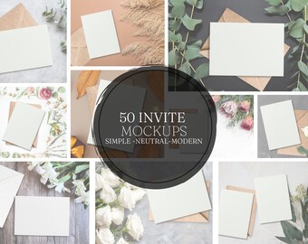 May include: A collage of invitation mockups with white cards and brown envelopes, arranged with floral and botanical elements. The text "50 INVITE MOCKUPS SIMPLE - NEUTRAL - MODERN" is displayed in a circular design.