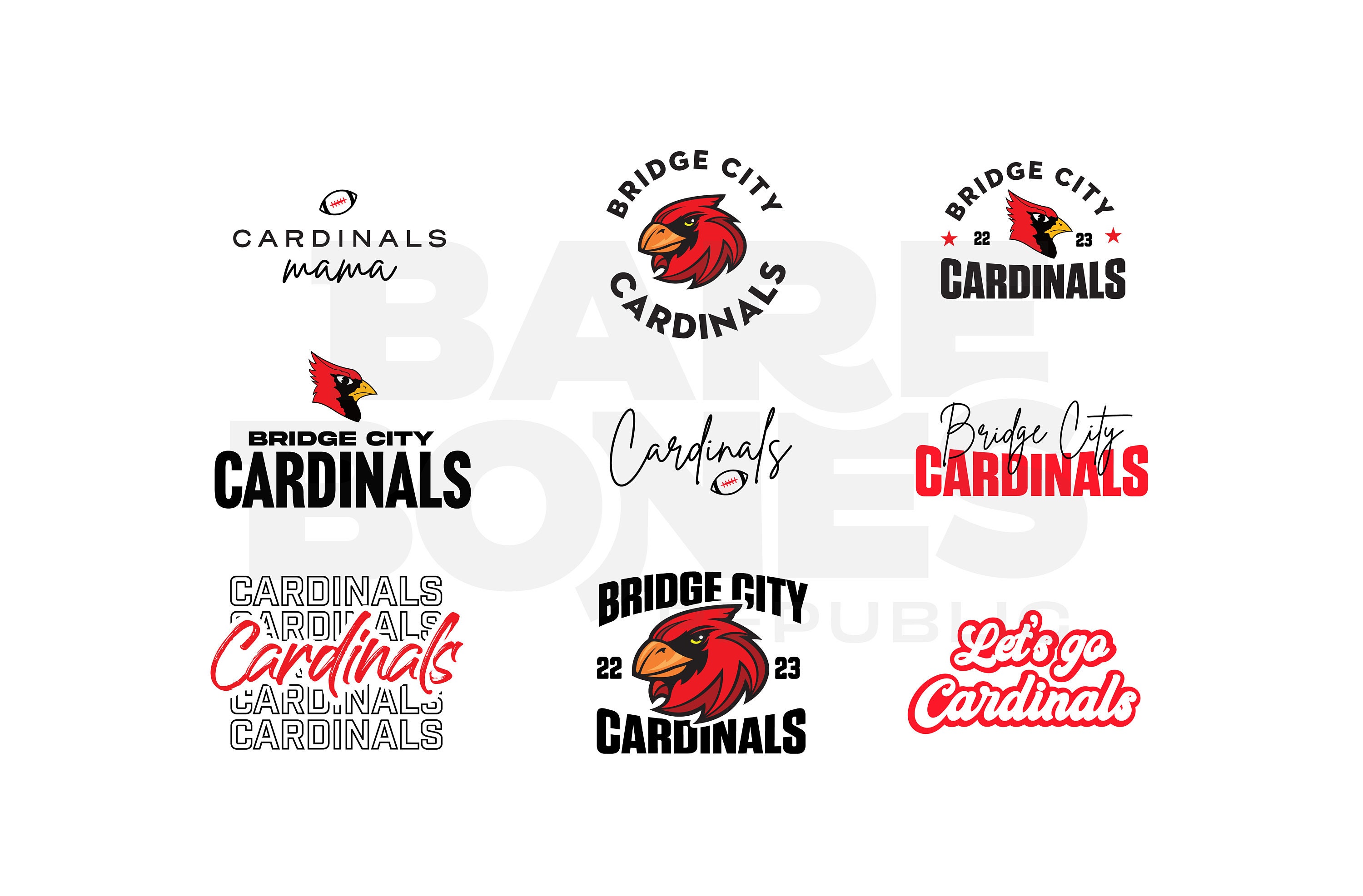 Paquete de diseños digitales espíritu escolar Bridge City Cardinals | SVG PNG EPS