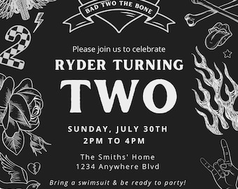 Invitación de cumpleaños número 2 para motociclistas, plantilla en blanco y negro (descarga digital)
