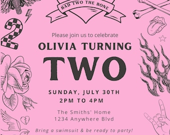 Invitación de cumpleaños Pink Bad Two the Bone, temática motera (plantilla editable de 5x7)