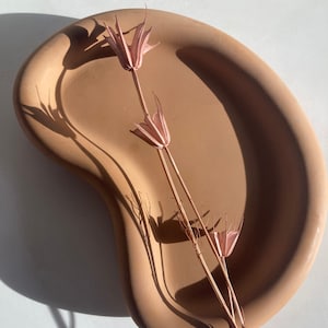 May include: A light brown ceramic tray with a unique, asymmetrical shape. The tray is decorated with dried pink flowers.