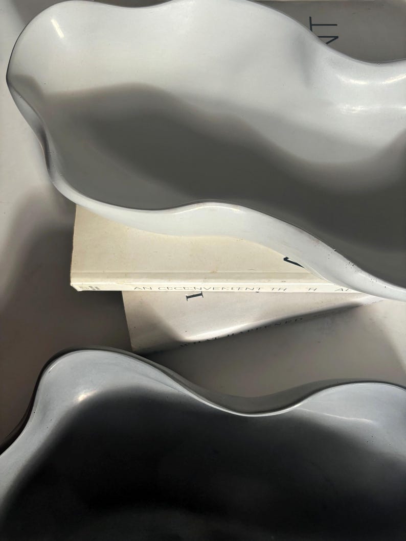 May include: Two ceramic bowls with a wavy, organic shape. The bowls are in shades of gray and white. The top bowl is white and the bottom bowl is a darker gray. The bowls are sitting on a white book with the text "An inconvenient truth" printed on the cover.