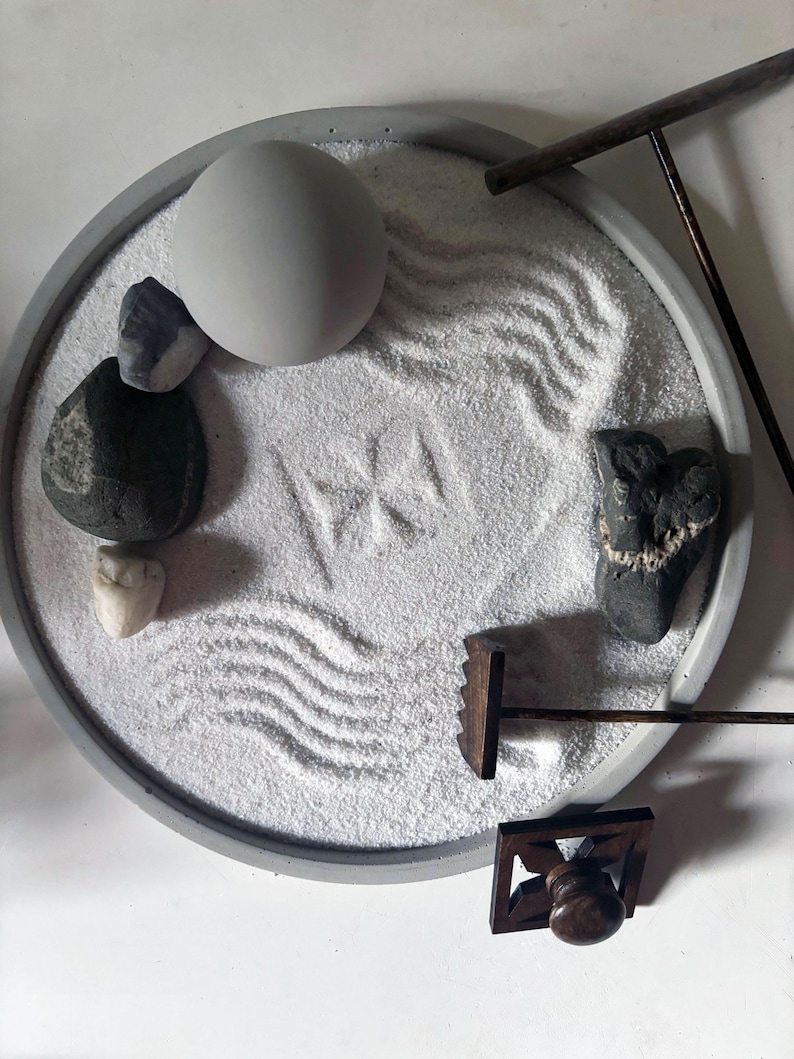 White Sand Rake Pattern Concrete Zen Garden: Japanese Sand Garden With Rakes & Stones - Etsy