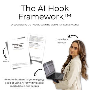 May include: Image featuring the text "The AI Hook Framework" and "Short-Form Video The AI Hook Framework" on a white document. A laptop and a woman are also in the image. The text says the framework is for writing social media hooks and scripts.
