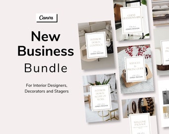 May include: A collection of social media templates for interior designers, featuring text such as "Client Questionnaire", "Interior Design Contract", "Services & Pricing Guide", "Project Proposal", "Interior Design Scope of Work", and "Welcome Package".