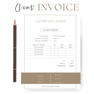 Puede incluir: Una plantilla de factura beige y marrón con el texto "Client Invoice" en la parte superior. La factura incluye campos para el número de factura, la fecha, la fecha de vencimiento, el producto o servicio, la cantidad, el precio y el total. La factura también incluye campos para el nombre del cliente al que se factura, la dirección y la ciudad. La factura tiene un importe total adeudado de 1627 €.