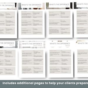 May include: A set of eight printable worksheets with the title "What's the Difference" for helping clients choose bathroom fixtures. The worksheets cover topics like sinks, tubs, toilets, showers, shower fittings, lighting, and hardware. Each worksheet includes a list of pros and cons for different options.