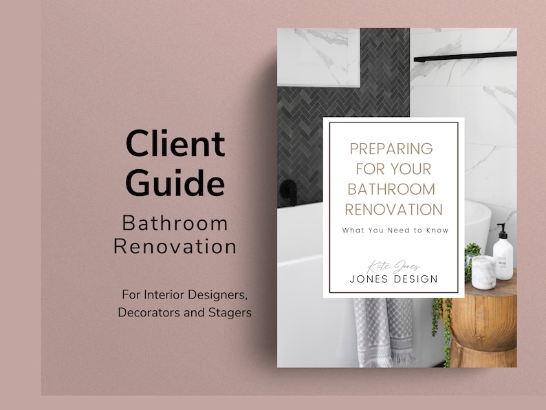 May include: A client guide for bathroom renovations with a white background and a photo of a modern bathroom with black and white tiles, a white bathtub, and a wooden stool with towels and toiletries. The text on the guide reads "Preparing for your bathroom renovation. What you need to know. Kate Jones, Jones Design."