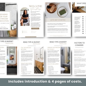 May include: A guide to bathroom renovation costs with a white background and black text. The guide includes information on preparing for a bathroom renovation, different types of bathroom renovations, and factors to consider when planning a bathroom renovation. The guide also includes a section on what it costs to renovate a bathroom, with different price ranges for half bathrooms, full bathrooms, and primary bathrooms. The guide also includes a section on what is included in each type of bathroom renovation, such as fixtures, finishes, and labor. The guide also includes a section on factors to consider when planning a bathroom renovation, such as flooring, product selection, bathroom size, and customizations.