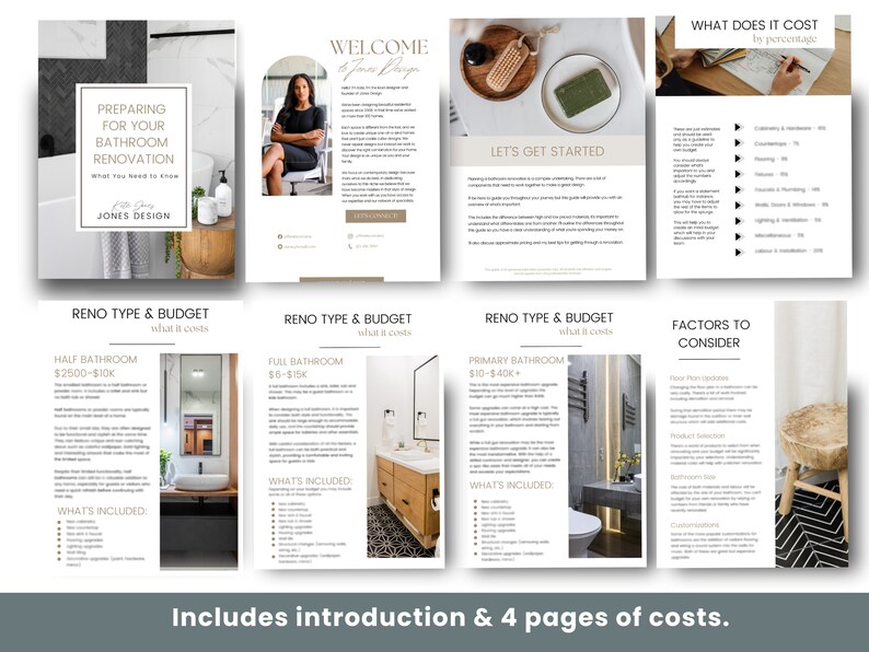 May include: A guide to bathroom renovation costs with a white background and black text. The guide includes information on preparing for a bathroom renovation, different types of bathroom renovations, and factors to consider when planning a bathroom renovation. The guide also includes a section on what it costs to renovate a bathroom, with different price ranges for half bathrooms, full bathrooms, and primary bathrooms. The guide also includes a section on what is included in each type of bathroom renovation, such as fixtures, finishes, and labor. The guide also includes a section on factors to consider when planning a bathroom renovation, such as flooring, product selection, bathroom size, and customizations.