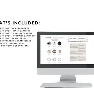 May include: A computer screen displaying a guide to bathroom renovation costs. The guide includes sections on what it costs by percentage, half bathroom, full bathroom, primary bathroom, materials by type, what's the difference by material, common renovation mistakes, and preparing for your renovation.