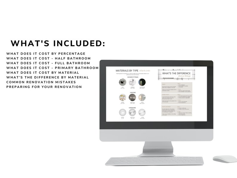 May include: A computer screen displaying a guide to bathroom renovation costs. The guide includes sections on what it costs by percentage, half bathroom, full bathroom, primary bathroom, materials by type, what's the difference by material, common renovation mistakes, and preparing for your renovation.