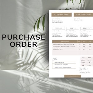 May include: A purchase order form with a company name, vendor, bill to, and delivery information. The form lists a Coast Dining Table, Range Dining Chair, and Peaceful Day Art with their corresponding quantities, prices, and totals. The total amount is £7104.25.