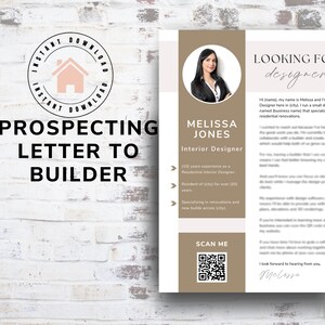 Puede incluir: Una carta de prospección de color beige y blanco para constructores de una diseñadora de interiores llamada Melissa Jones. La carta incluye una foto de Melissa, un código QR y una lista de sus cualificaciones. El texto dice "Looking for a designer?" y "Melissa Jones, Interior Designer".