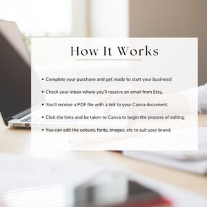 May include: A laptop computer on a wooden desk with a white background. The text on the screen reads "How It Works" and lists steps for starting a business. The steps include completing a purchase, checking an inbox for an email, receiving a PDF file with a link to a Canva document, clicking the links to begin editing, and editing colors, fonts, and images.