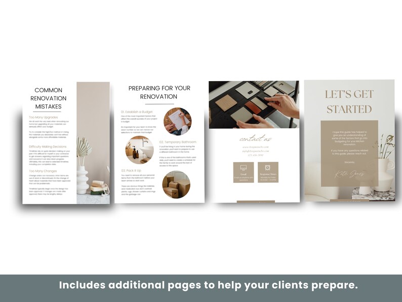 May include: A guide for preparing for a home renovation, with tips on common mistakes to avoid, preparing a budget, and creating a temporary bathroom. The guide also includes contact information and a call to action to get started.