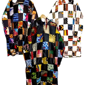 May include: Three long-sleeved jackets with a patchwork design. The jackets are made of different fabrics with various colors and patterns. The jackets have a hood and a zipper closure.