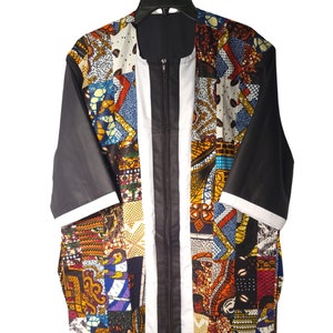 May include: A colorful patchwork jacket with a black zipper and black sleeves. The jacket features a vibrant mix of patterned fabrics in various colors, including red, blue, yellow, and white. White trim accents the sleeves and the zipper's edges.