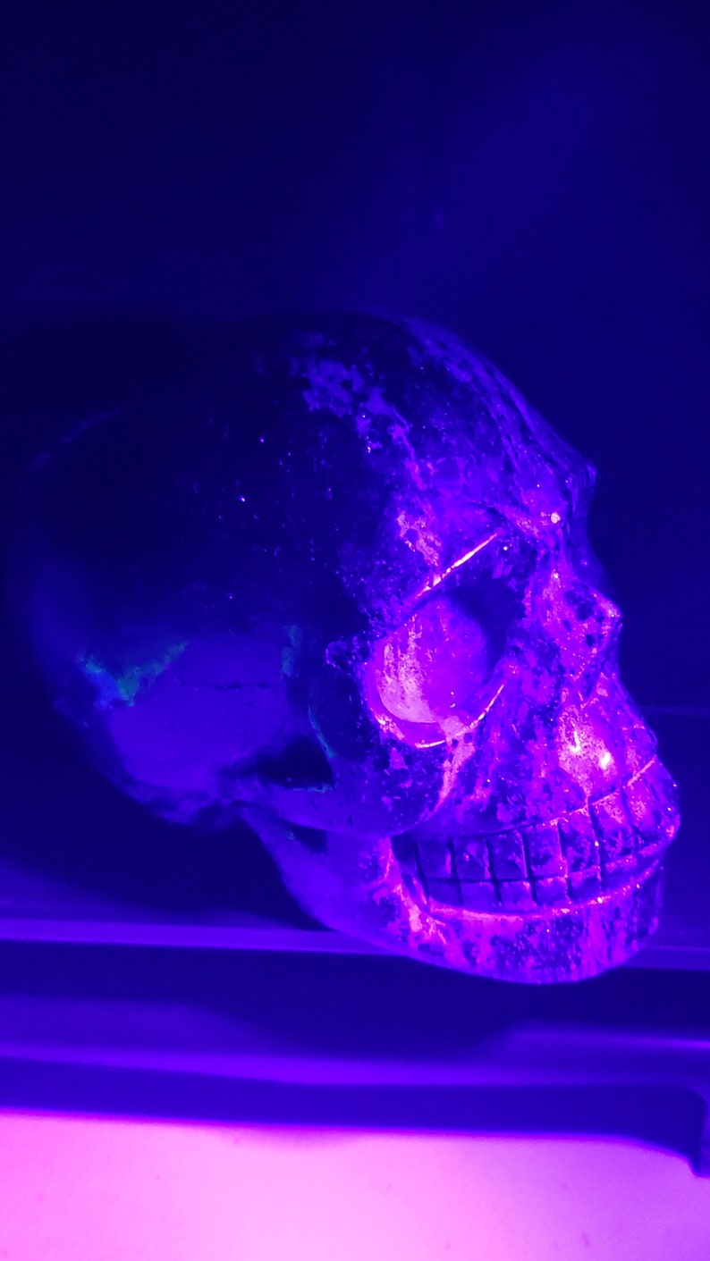 Puede incluir: Un cr&aacute;neo blanco con una superficie texturizada, iluminado con una luz p&uacute;rpura brillante. El cr&aacute;neo est&aacute; colocado sobre una superficie oscura con un brillo p&uacute;rpura.