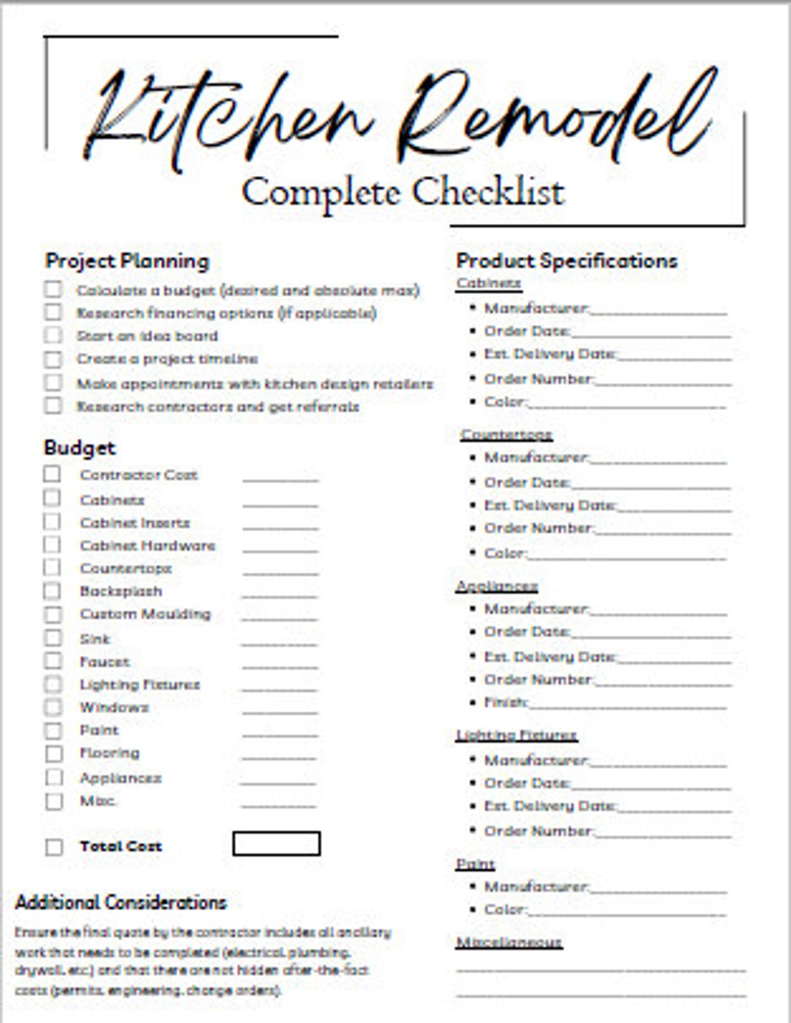Kitchen Renovation Checklist - Etsy