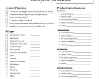 May include: A printable kitchen remodel checklist with sections for project planning, budget, product specifications, and additional considerations. The checklist includes categories for cabinets, countertops, appliances, lighting fixtures, paint, and miscellaneous items.