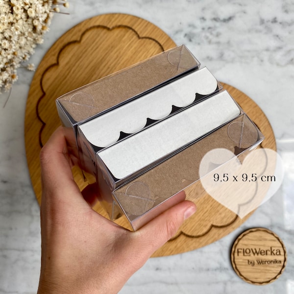 MUSTER x4 kleine Pappschachtel mit durchsichtigem Deckel zum Verpacken von Keksen 9,5x9,5x2 cm ~ (3.75x3.75x0.79 inch)