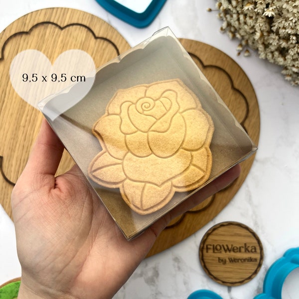 Set di 25 piccole scatole di cartone con coperchio trasparente per confezionare biscotti 9,5x9,5x2,0 cm (3.75" x 3.75"x 0.79")