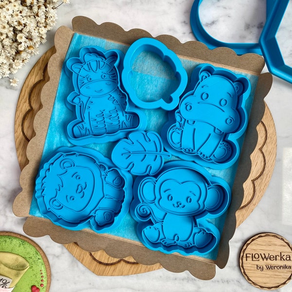 Safari Set Cookie Cutters with Stamps, Lion Cutter and Stamp, Monkey Cutter and Stamp, Hippo Cutter and Stamp, Zebra Cookie Cutter and Stamp