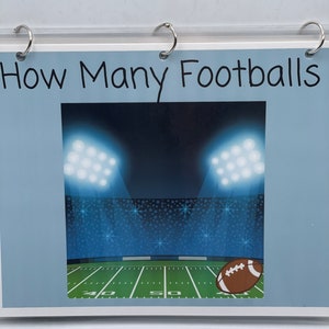 May include: A green football field with white yard lines and a brown football in the center. The field is under stadium lights. The text "How Many Footballs" is at the top of the image.