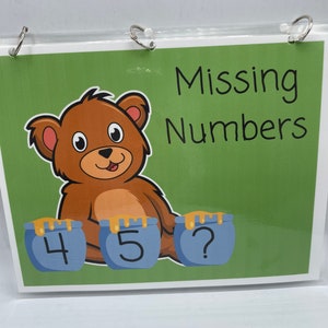 May include: A learning aid with a cartoon bear and the words "Missing Numbers." The bear sits above three blue honey pots with numbers 4, 5, and a question mark. The background is green.