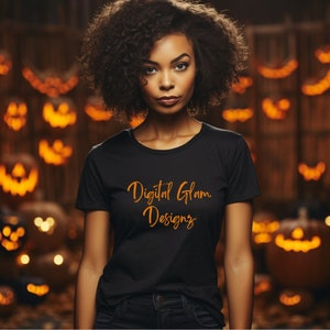 Creepy Glam Mockup, Upiorne wibracje, Mockup czarownicy, Mockup koszulki, Mockup Halloween, Mockup czarnej kobiety, BC3001
