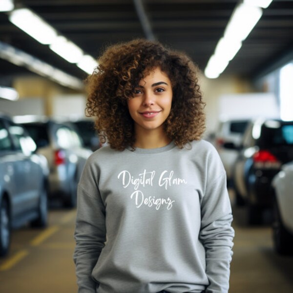 Curly Hair Mockup, Parking Garage, Young Teen, Young Mom Mockup, Aesthetic, Gilden Sweatshirt