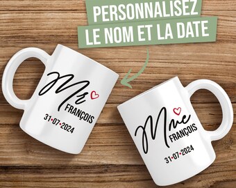 Personalized Monsieur Madame mug with name and date, gift for future newlywed couple - Personalized wedding mug,