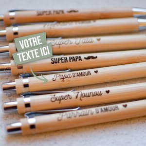 crayons bic en bois personnalisés, stylos gravés avec texte personnalisé et icône Parrain Marraine Papa Maman Nounou Maîtresse Maître Papy