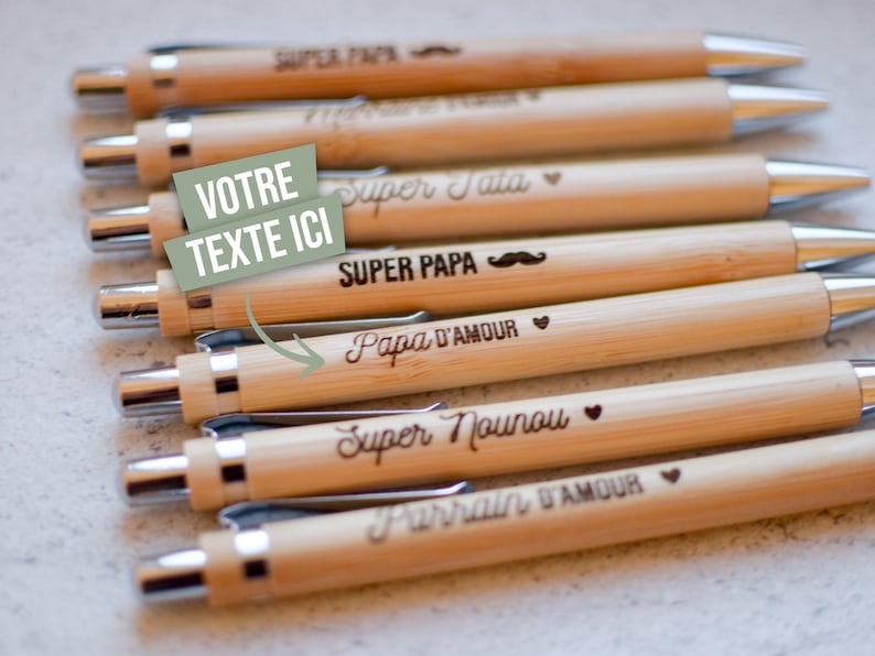 crayons bic en bois personnalisés, stylos gravés avec texte personnalisé et icône Parrain Marraine Papa Maman Nounou Maîtresse Maître Papy