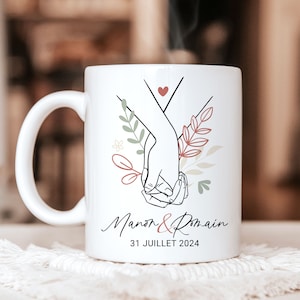 Personalized boho wedding mug, personalized Mr. and Mrs. name and date mug, original wedding gift, Valentine&#39;s Day gift, couple