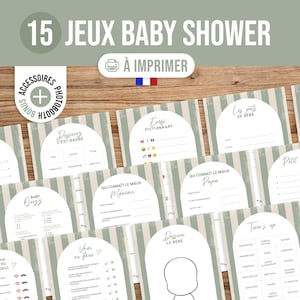 Jeux Baby Shower Français, 15 activités babyshower, jeu babyshower à imprimer, fête de naissance, vert sauge vintage gender reveal