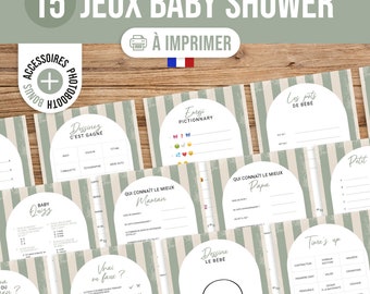 French Baby Shower Games, 15 babyshower activities, babyshower game to print, birth party, vintage sage green gender reveal