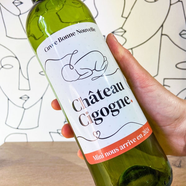 Etiquette bouteille personnalisée, Château Cigogne, étiquette mini nous arrive, annonce bébé, étiquette bouteille vin, cadeau annonce bébé