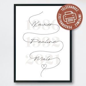 Cartel de nombres de familia, cartel familiar personalizado, cartel de fechas de nacimiento, cartel familiar, cartel personalizado, para imprimir