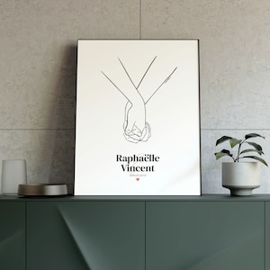 Póster de pareja dibujado a mano con nombres y fecha de reunión, regalo de amor personalizado - imprimible para boda, aniversario