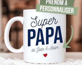 Gepersonaliseerde Super Dad-mok met de voornamen van de kinderen, gepersonaliseerd cadeau-idee voor Vaderdag, mok voor vaders, gepersonaliseerde beker voor vaders, cadeau voor vaders