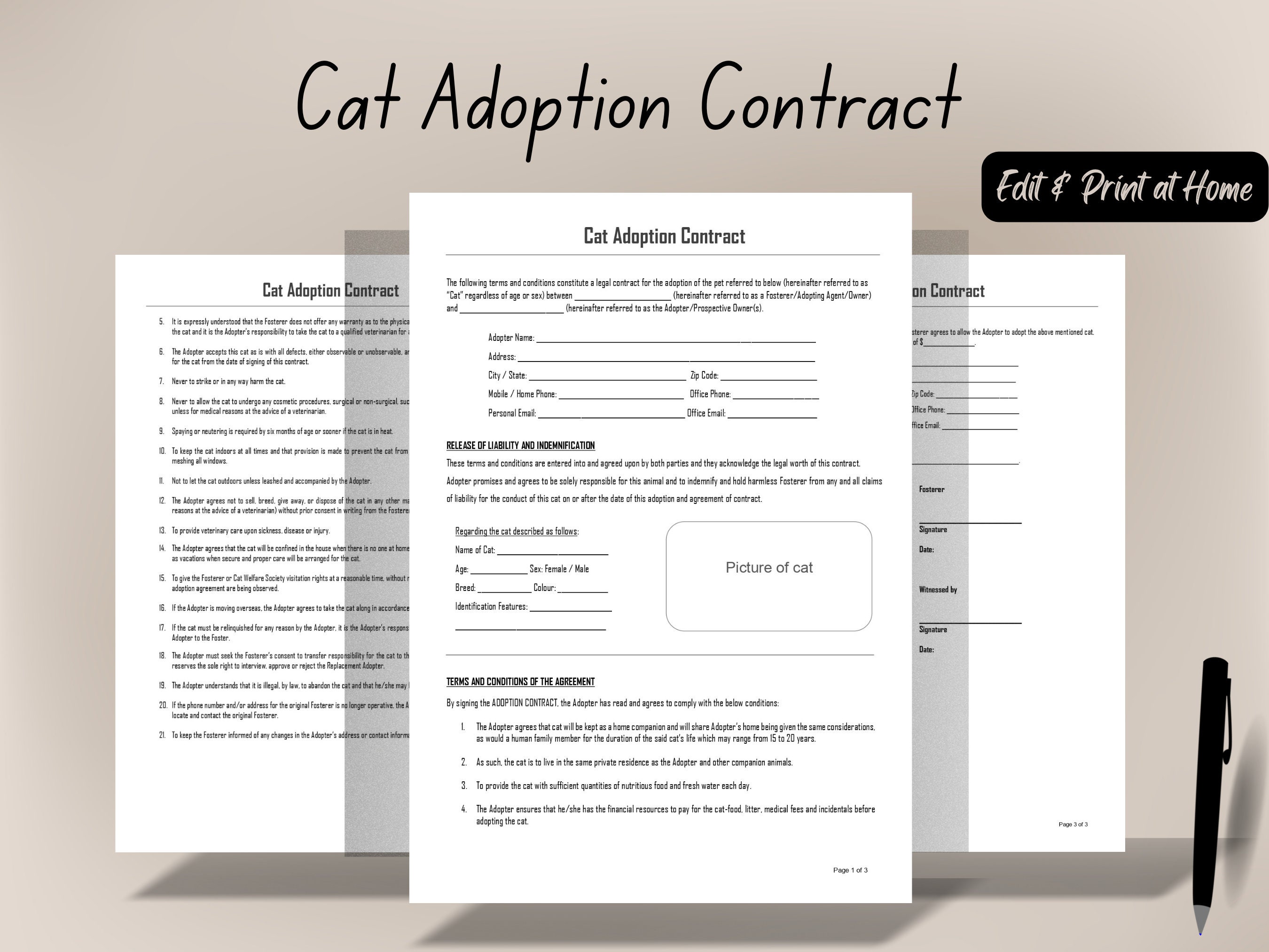 Cat Kitten Adoption Contract Editable Template in Word - Etsy