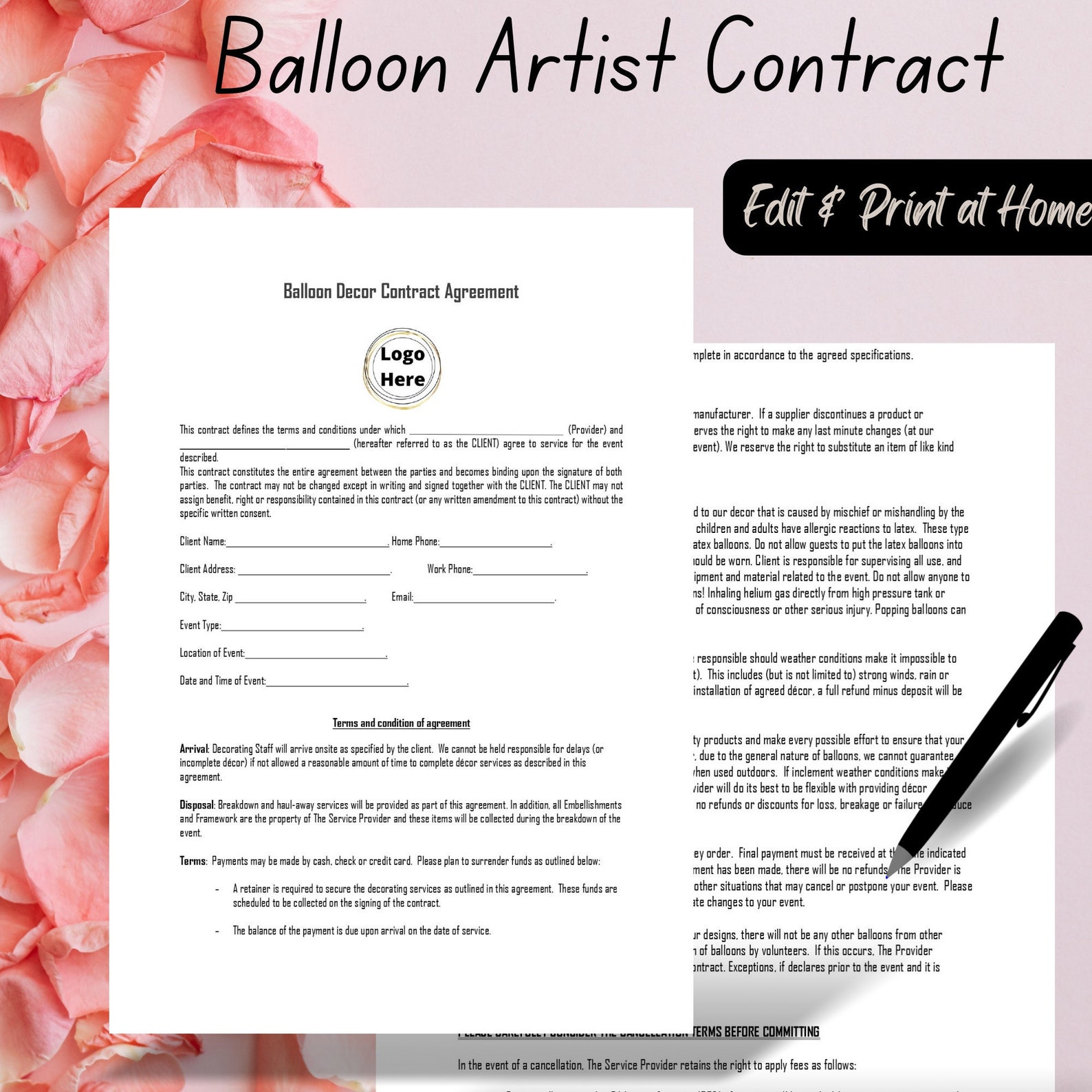 Balloon Artist Contract Template Balloon Décor Agreement Etsy