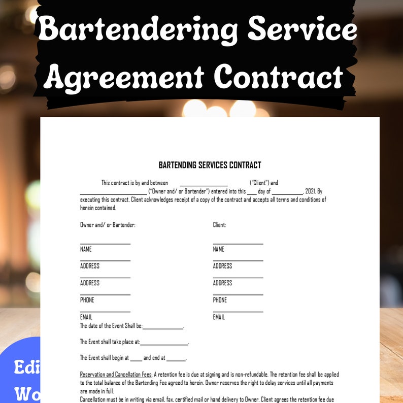 Bartender Service Agreement Contract Template Simple Etsy Bartender Service Agreement Contract Template Simple Etsy